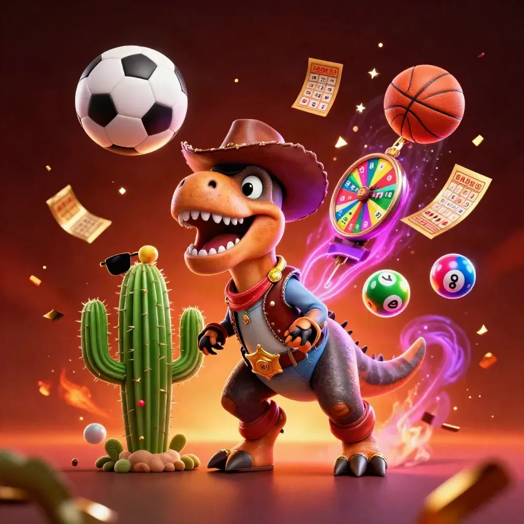 Cowboy T-rex, cactus, and roadrunner amid casino bursts on a fiery neon sports backdrop.