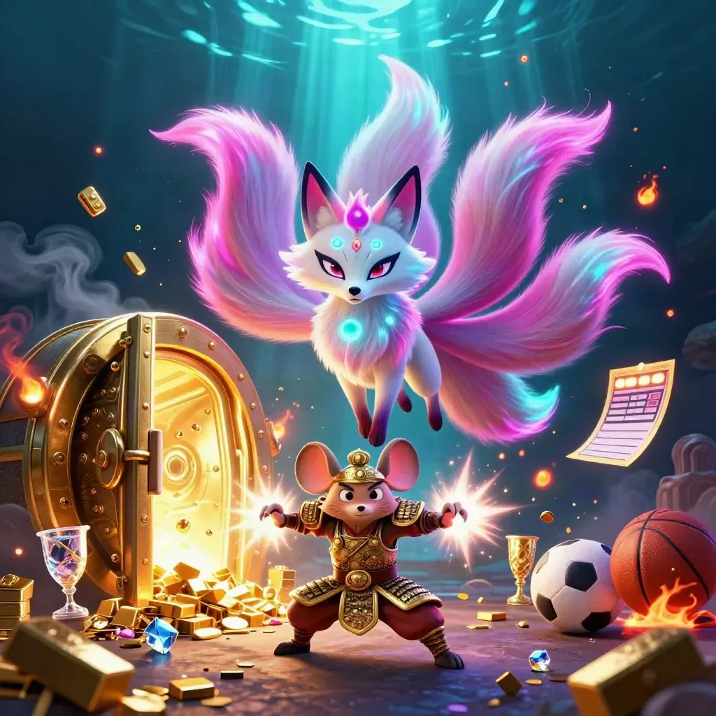 Neon fox spirit and golden mouse guardian amid treasure vault, sports props, and cyan glow.