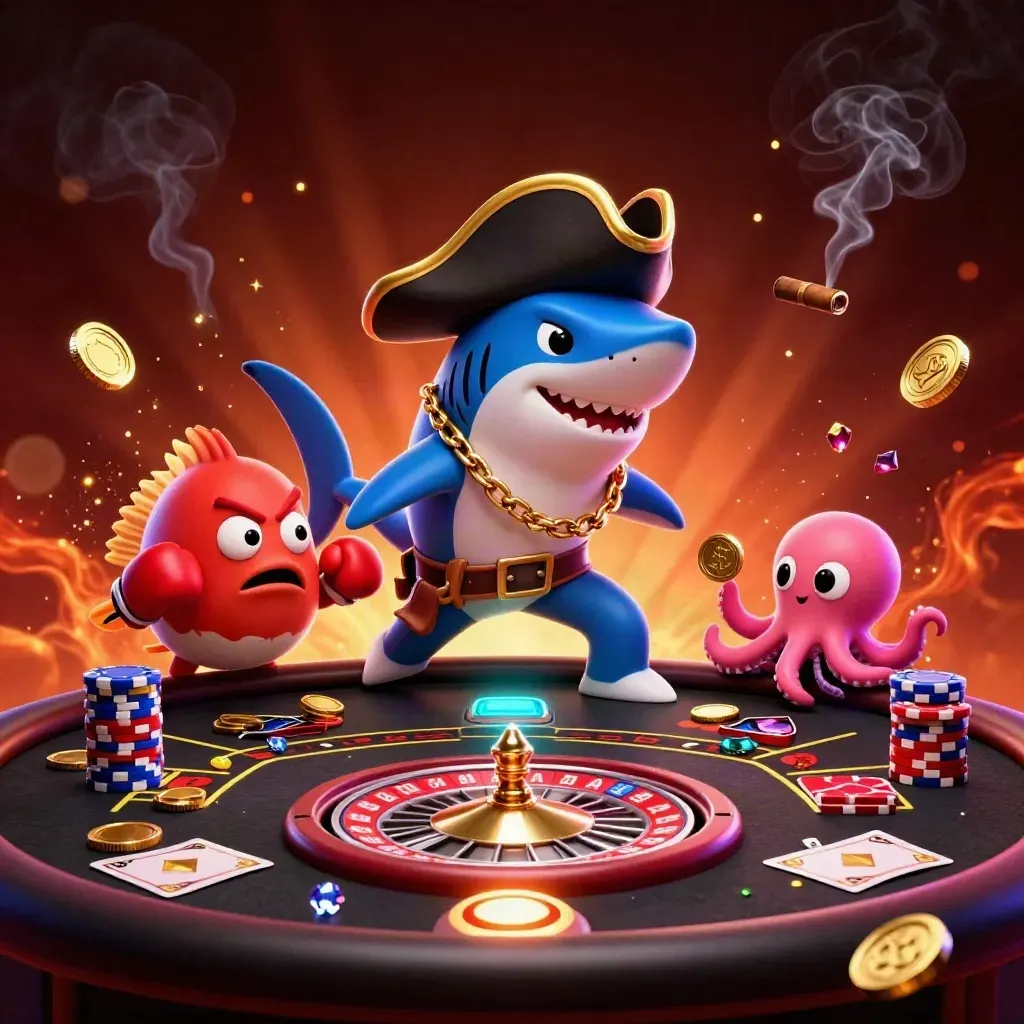 Pirate shark, boxing pufferfish, and octopus amid spinning wheel, coins, and casino glow.