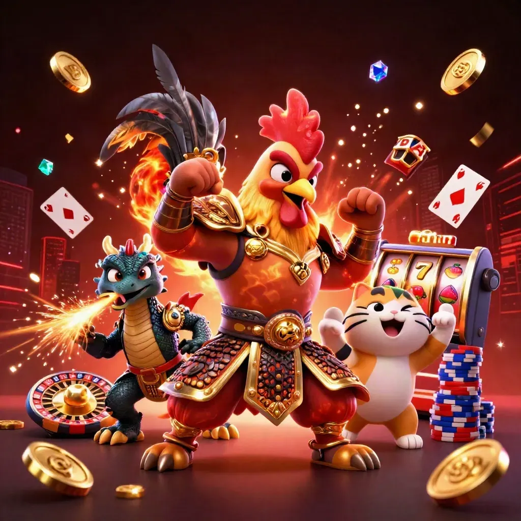Rooster warrior, dragon hatchling and cheering cat explode amid coins, chips and neon casino effects.
