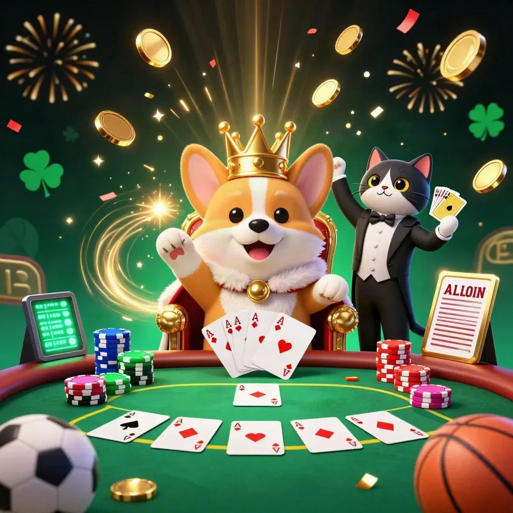 Royal corgi and cat butler amid treasure coins, chips, fireworks, and casino flair.