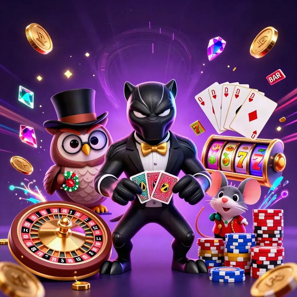 Black panther, owl and mouse in a neon casino burst with cards, chips, coins and reels